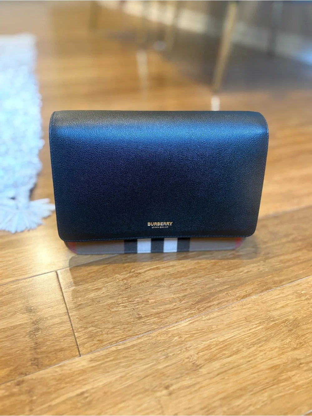 Burberry Black Leather & Vintage Check Shoulder Bag with Red Accents